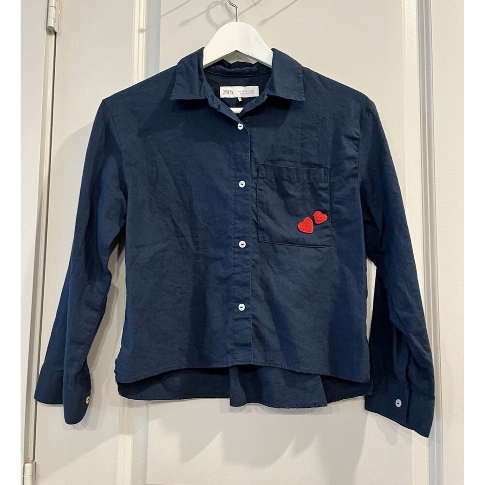 ZARA Girls Navy Cotton Button-Up Shirt Long Sleeve Embroidered Hearts 11-12 A1